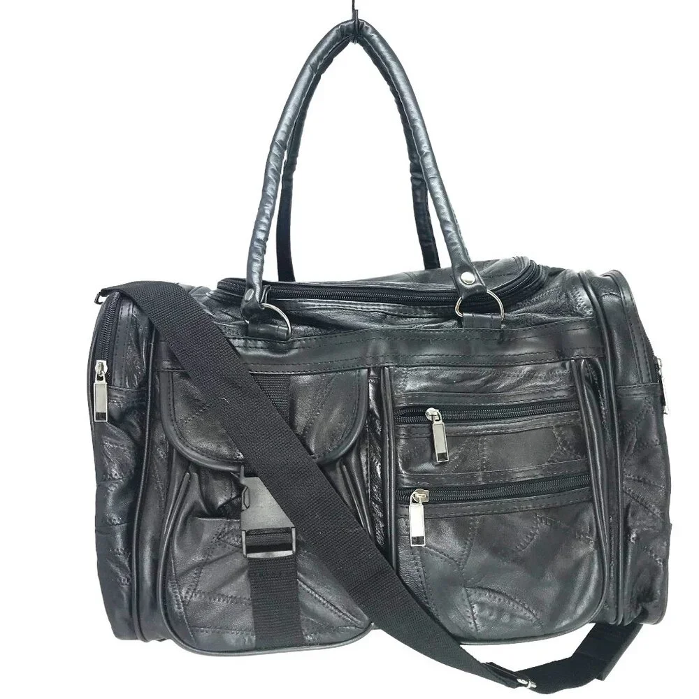 Black Leather Duffle Bag Compartments Plastic Lined Gym Travel